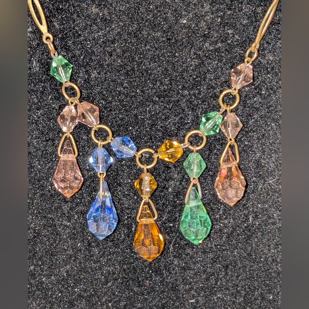 Vintage Pastel Czech Crystal Dangle Necklace Briolette 1930s Art Deco
